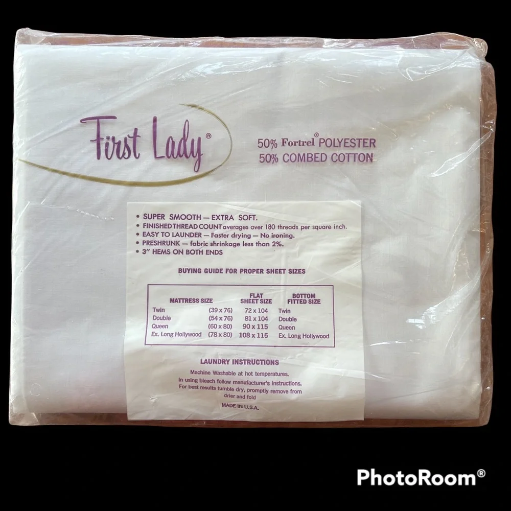 VTG White Twin Flat Sheet, No Iron, First Lady, NIP